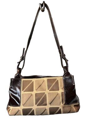 9 West Geometric Tan & Brown Shoulder Bag With Adjustable Straps And Faux Leathe